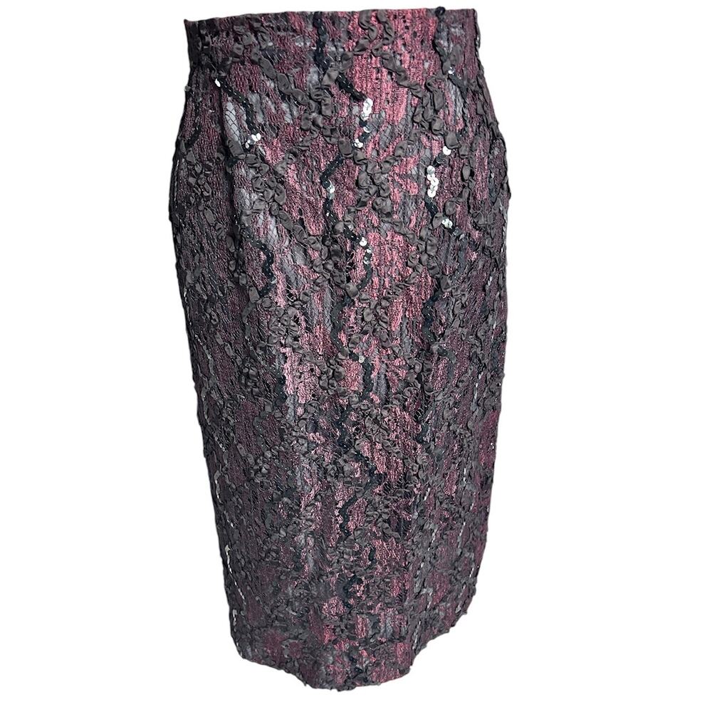 Cathy‎ Hardwick Vintage Size 12 Lace Overlay Sequined Ribboned Pencil Midi Skirt